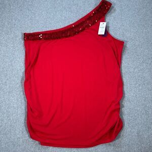 Lane Bryant One Shoulder Sequin Top Women's 22/24 Red Stretch Ruched Sides New